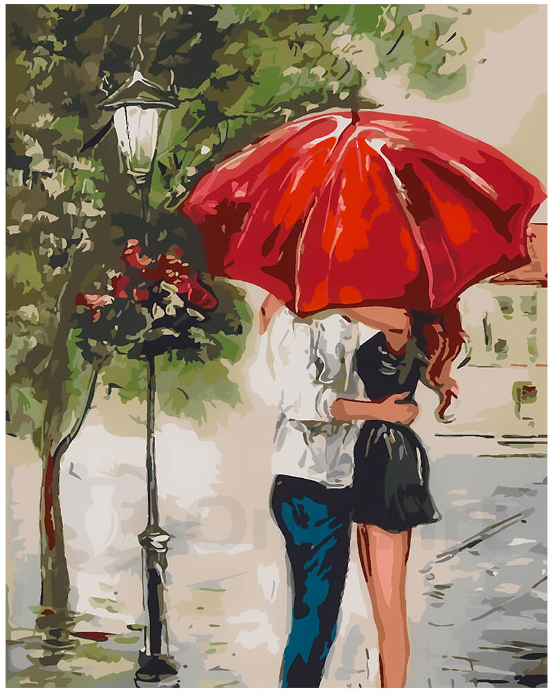 Романтика Под Дождем: Пара Под Красным Зонтом Набор для Раскраски по Номерам