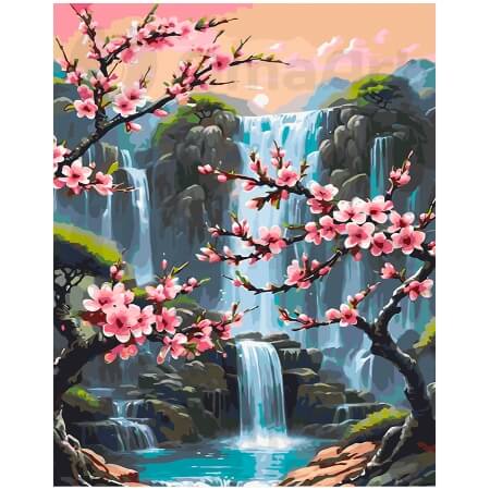 Žydinti sakura prie krioklio
