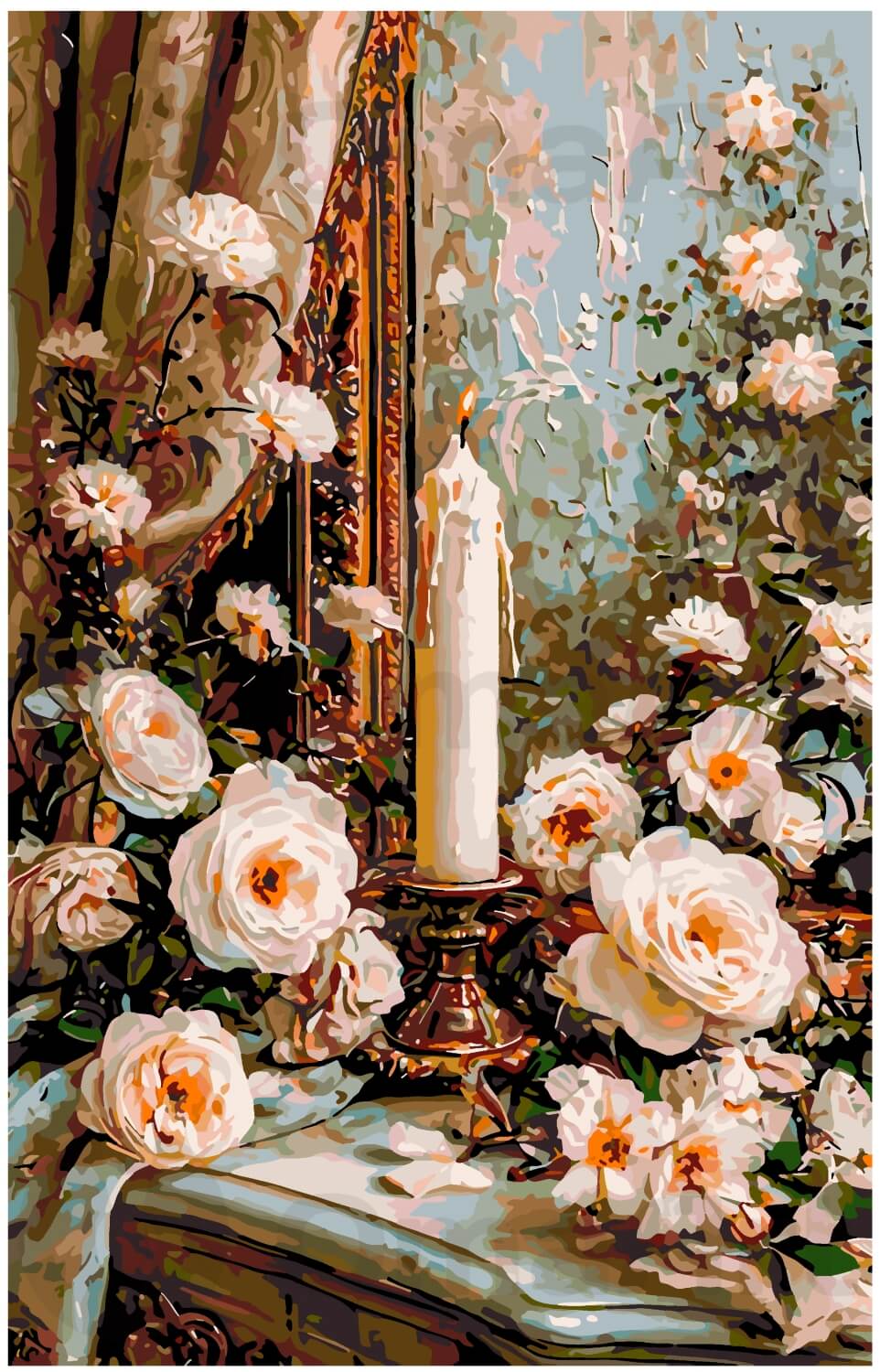 Burning candle among roses