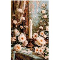 Burning candle among roses