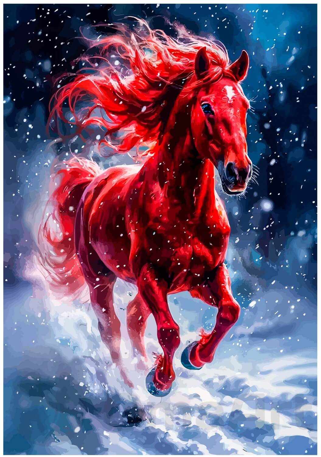 Tulinen ratsu lumessa