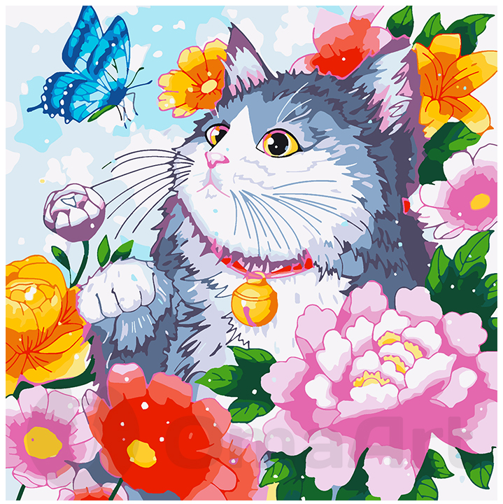 Cat in flowers 40x40